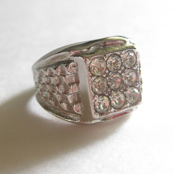 Size 8 Ring 18KT HGE Wide Band Square Clear Rhinestone Marked Signed Vintage Free Shipping