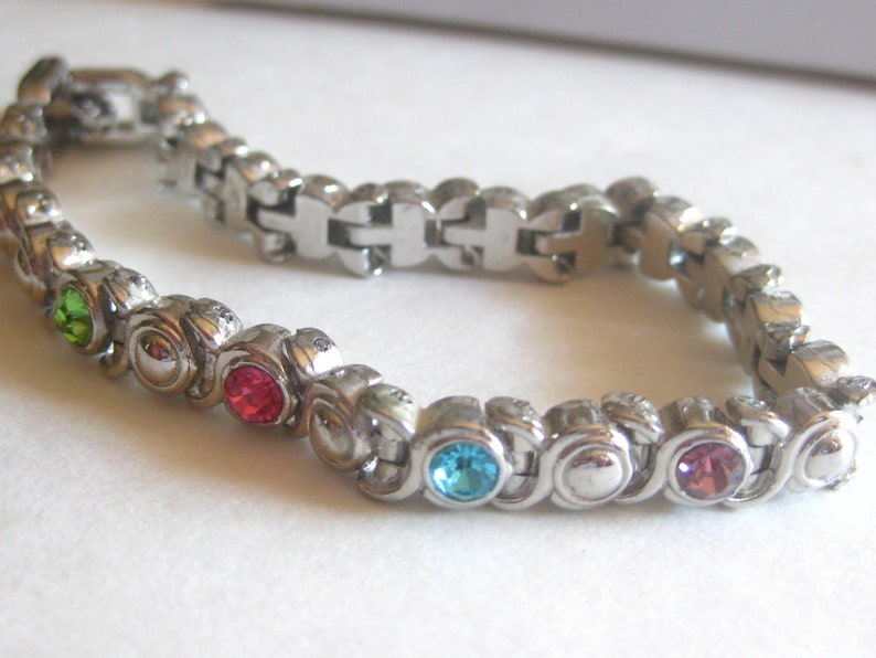 Tennis Bracelet Jeweled Multi Colored Silver Tone Vintage image 4