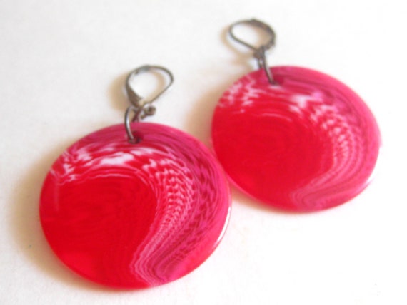 Pink MOP Round Pierced Dangle Drop Earrings Vinta… - image 2