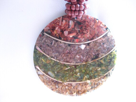 Gemstone Chips Round Pendant Inlay Necklace Vinta… - image 3