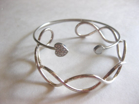 Silver Cuff Bracelet Lot (2) Heart Rhinestone Vin… - image 8