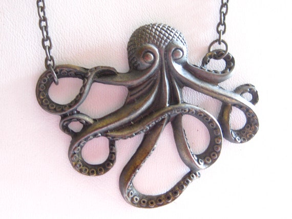 Large Octopus Necklace Pendant Metal Vintage - image 2