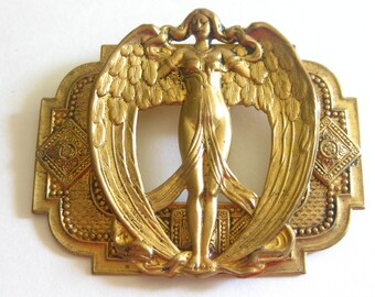 Art Nouveau Deco Revival Brooch Large Metal Bronze Goddess Mid Century Vintage