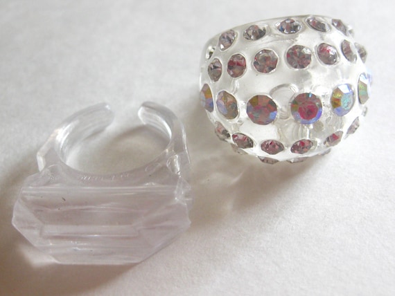 Clear Lucite Ring Lot Rhinestone Dome Square Size… - image 2