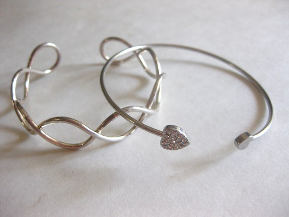Silver Cuff Bracelet Lot (2) Heart Rhinestone Vin… - image 9