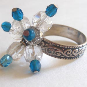 Sterling Silver Ring Cluster Turquoise Glass Beads 925 Signed Vintage Handmade Size 6 1/2