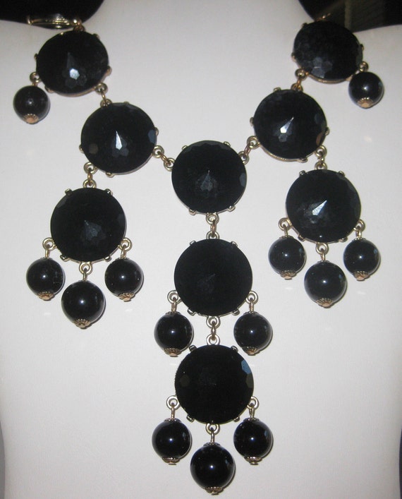 Black Beaded Large Faceted Bib Necklace 24" - 28"… - image 1