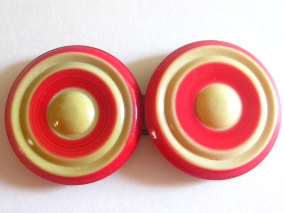 Belt Buckle Art Deco Celluloid Red Ivory Retro Ge… - image 1