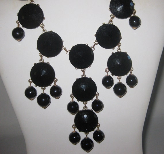 Black Beaded Large Faceted Bib Necklace 24" - 28"… - image 7
