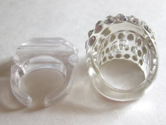 Clear Lucite Ring Lot Rhinestone Dome Square Size… - image 3