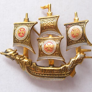 1950s Sailing Ship Brooch Spain Damascene Vintage