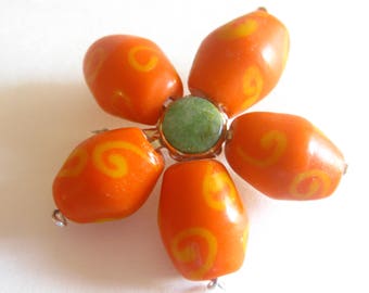 Orange Flower Floral Brooch Pin Jade Center Vintage Trade Bead Free Shipping