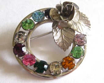 Silver Rose Birthstone Pin Brooch Mother's Vintage