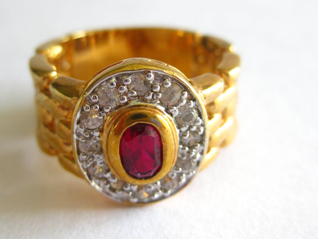 Ring EDCO 925 Gold Wide Band Size 8 1/2 CZ Ruby Vintage - Etsy