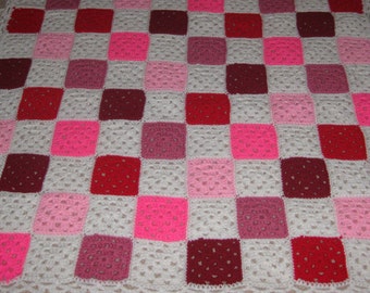 Afghan Pink White Princess Crocheted Granny Squares Checkered Lace OOAK