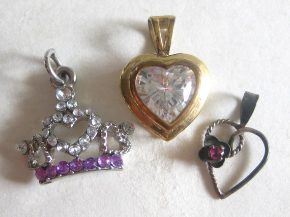 Heart Crown 925 Lot (3) Pendants Vintage Purple R… - image 1