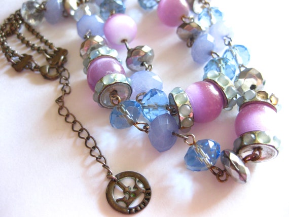 Crown Trifari Necklace Moonstone Pink Blue Double… - image 1