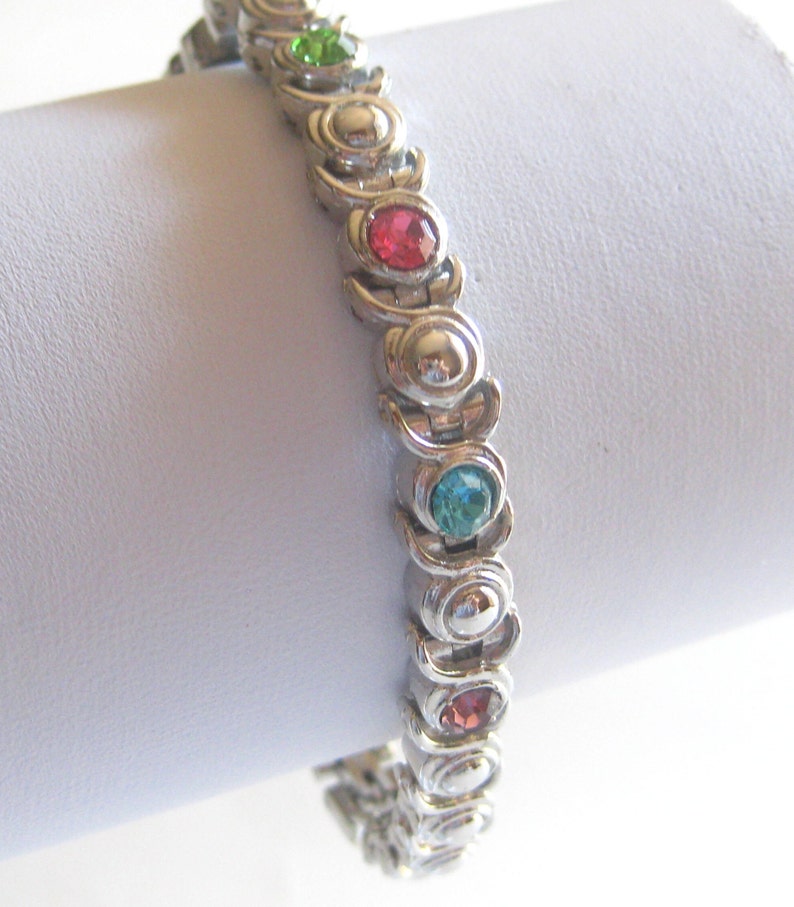 Tennis Bracelet Jeweled Multi Colored Silver Tone Vintage image 1