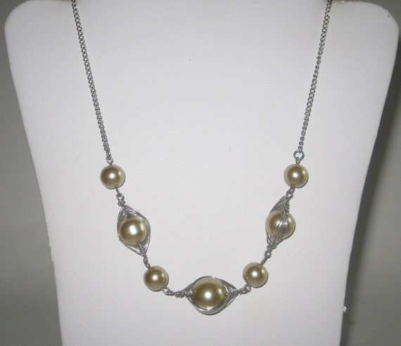 Pearl Silver Glass Set Necklace Earrings Pierced … - image 5