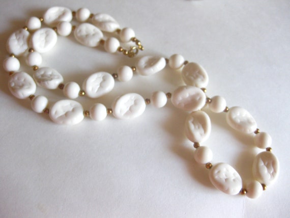 White Beaded Necklace 24" Long Celluoid Vintage - image 4