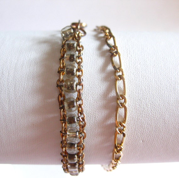 Bracelet Lot (2) Chain Link Gold Glass Beads Vint… - image 1