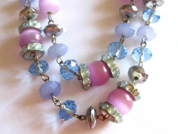 Crown Trifari Necklace Moonstone Pink Blue Double… - image 2
