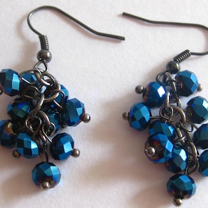 Navy Blue AB Cha Cha Dangle Beaded Earrings Pierced Vintage