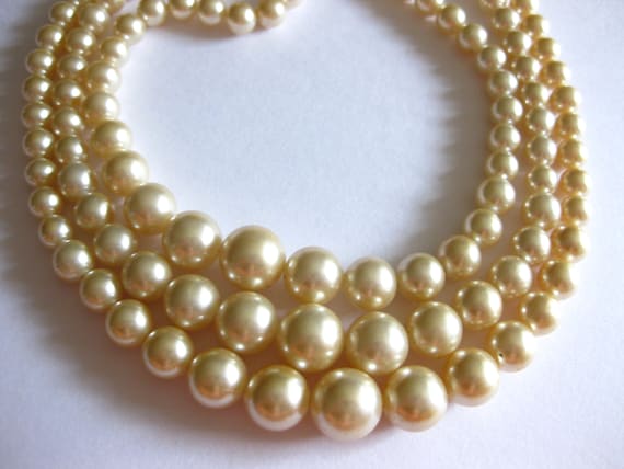 Pearl Triple Strand Necklace White Graduated Bead… - image 1