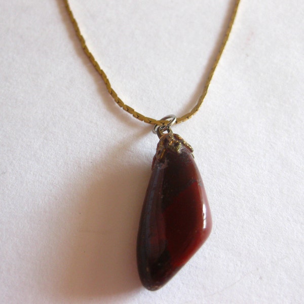 Polished Brown Agate Pendant Necklace Flat Chain Vintage