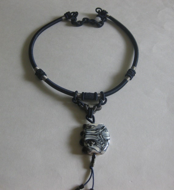Jasper Zebra Stone Onyx Necklace Blue Cord Chain - image 4