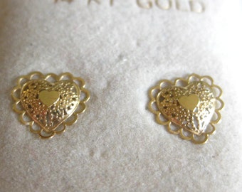 Small Heart Earrings Stud 14 KT Gold Old Stock Original Card Vintage