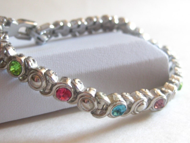 Tennis Bracelet Jeweled Multi Colored Silver Tone Vintage image 2