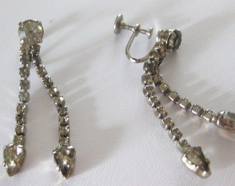 Chandelier Earrings Clear Rhinestone 2" Teardrop Vintage