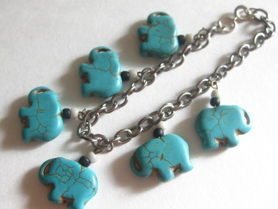 Elephant Bracelet Turquoise Silver Chain Link Vin… - image 1