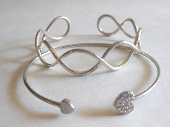 Silver Cuff Bracelet Lot (2) Heart Rhinestone Vin… - image 1
