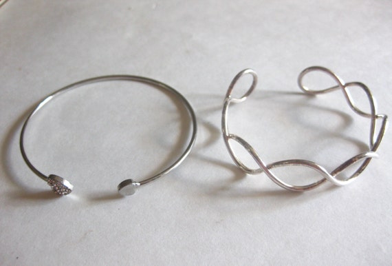Silver Cuff Bracelet Lot (2) Heart Rhinestone Vin… - image 2