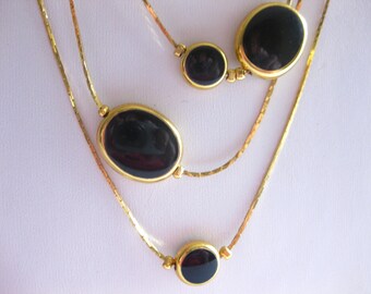 Three Strand Necklace Flat Chain Gold Black Marked Avon SP Vintage