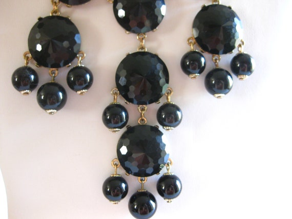 Black Beaded Large Faceted Bib Necklace 24" - 28"… - image 2