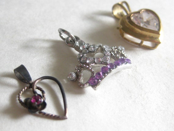 Heart Crown 925 Lot (3) Pendants Vintage Purple R… - image 3