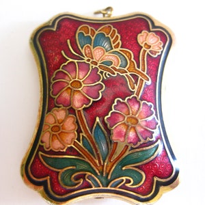 Pendant Cloisonne Double Sided Floral Red Gold Vintage