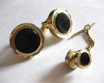 Onyx Gold Cuff Links Cufflinks Tie Pin Set USA Vintage