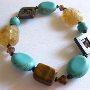 Bracelet Turquoise Blue Tigers Eye Glass Beads Vintage