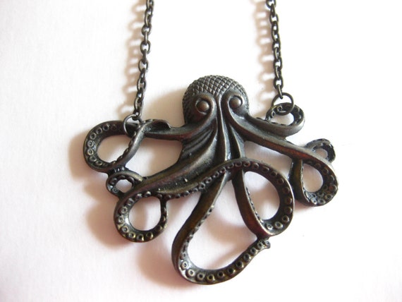 Large Octopus Necklace Pendant Metal Vintage - image 5