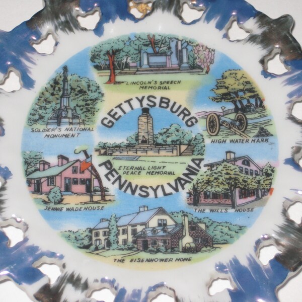 Gettysburg Pennsylvania Souvenir Plate Crocheted Cutwork Edge 1980's 6"