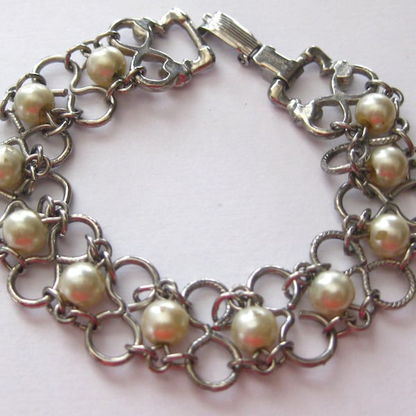 Goldette Bracelet Pearl Silver 7" Marked Signed Vintage 70's