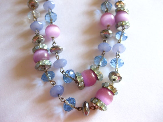 Crown Trifari Necklace Moonstone Pink Blue Double… - image 3