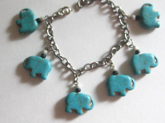 Elephant Bracelet Turquoise Silver Chain Link Vin… - image 2