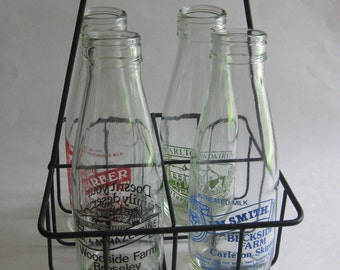 Glass Milk Bottles French Metal Wire Carrier Lot (4) Advertising Dairy Vintage