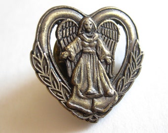 Angel Heart Pin Back Religious 1" Vintage