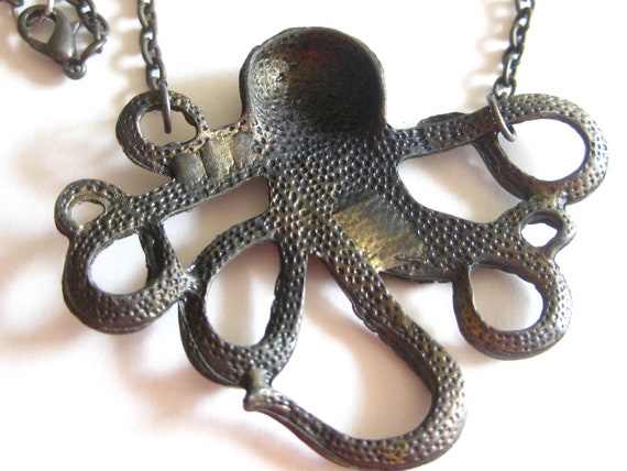 Large Octopus Necklace Pendant Metal Vintage - image 3